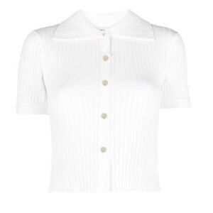 SANDRO Optical White Ribbed-Knit Polo Top Size Medium